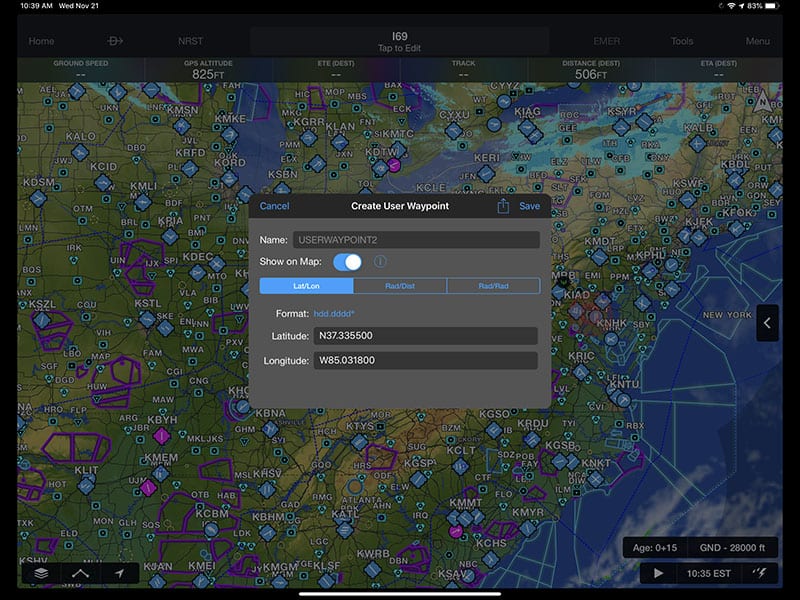 Garmin Pilot user waypoint